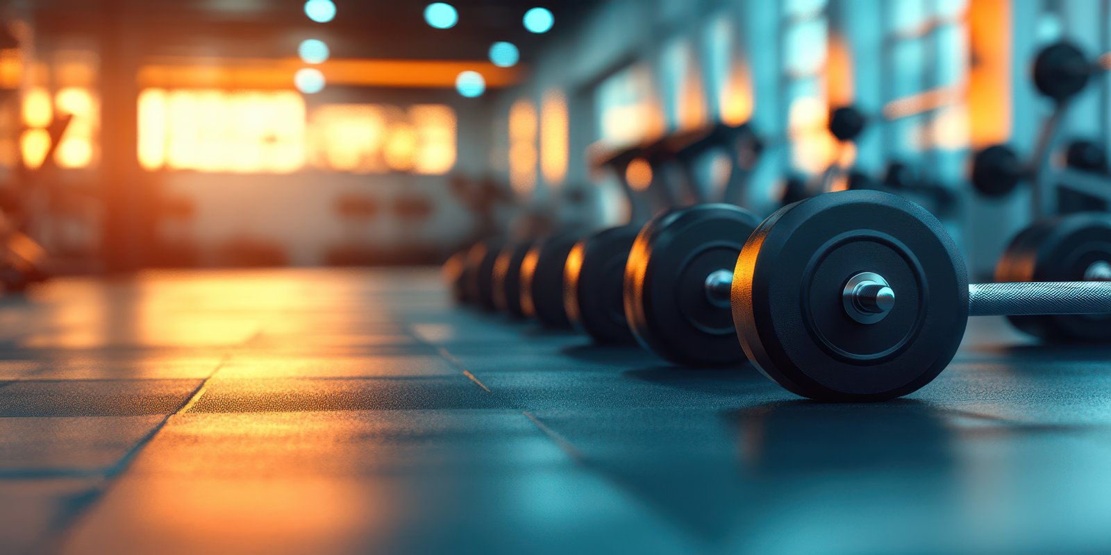 Weights lined up in a gym during sunset, highlighting fitness and workout dedication